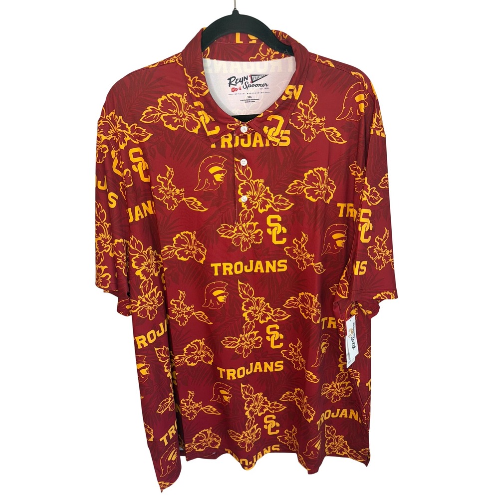 Reyn Spooner USC Trojans Mens 3XL Red Gold Floral Performance Polo Shirt New